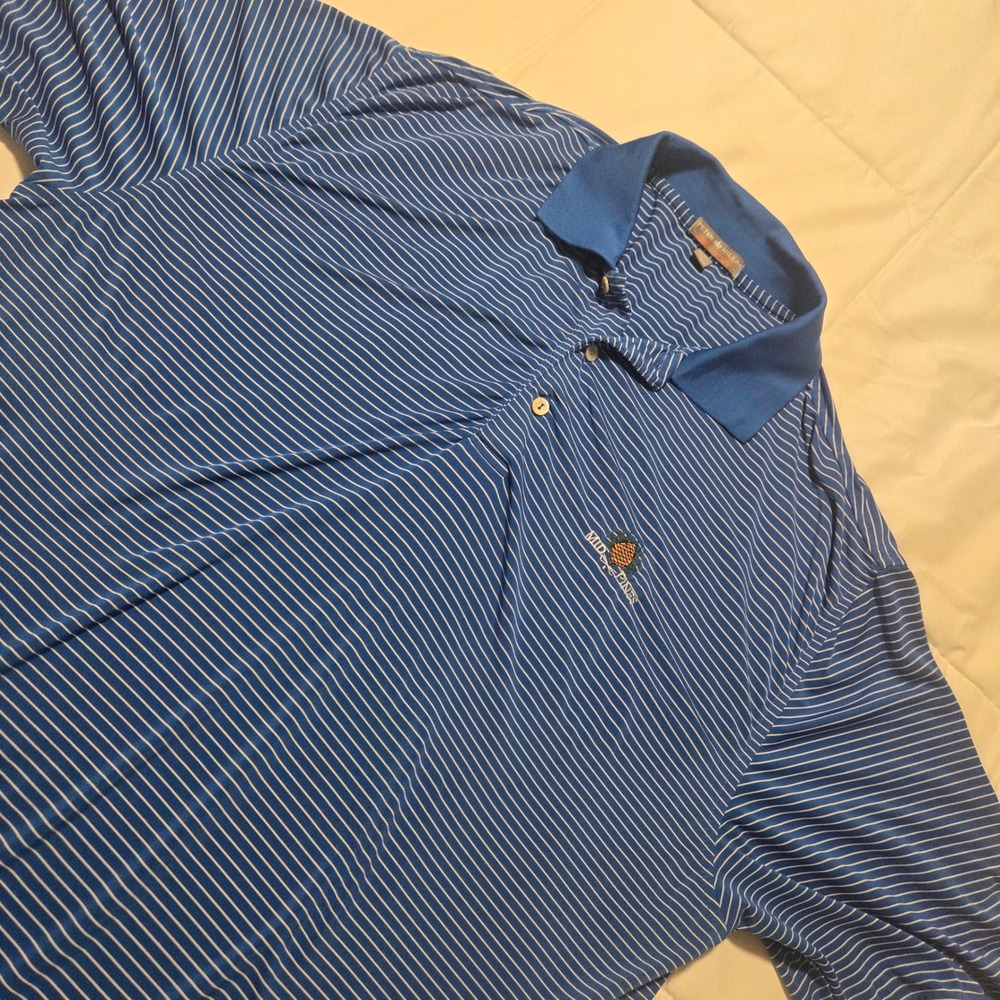 Peter Millar Summer Comfort Men L Blue Striped Mid Pines Golf Polo Shirt
